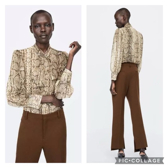 Zara Tops - Zara Snakeskin Print Chiffon Semi-Sheer Tie Neck Blouse Size Small